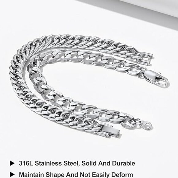 HONGTONG 2Pcs Basic Men 2PCS Stainless Steel Silver Cuban Rope Link Chain Bracelets for Men